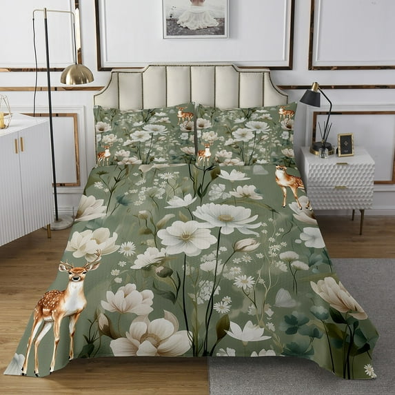 Boho Floral Twin Quilt Set Deer Moose Coverlet Set Teens Adults,Hippie Flower Bedding Set Tropical Leaves Bedspread Set,Modern Farmhouse Bed Quilt