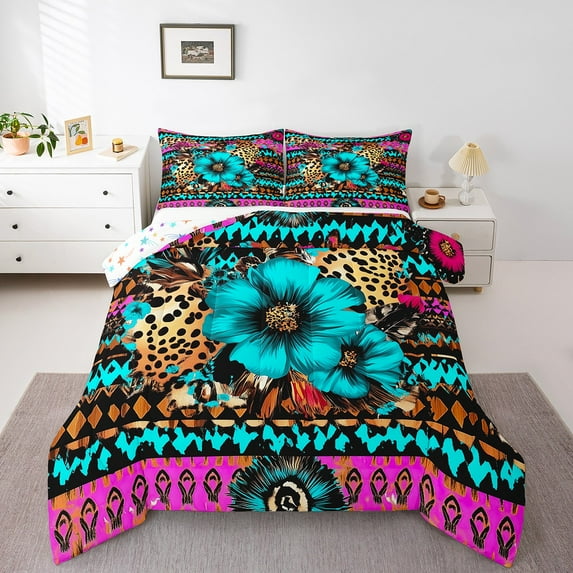 Boho Flower Down Comforter Western Aztec Bedding Set Floral Leopard Print Comforter Set,Abstract Geometric Pattern Bed Set Bedroom Decor 1 Pillow Case