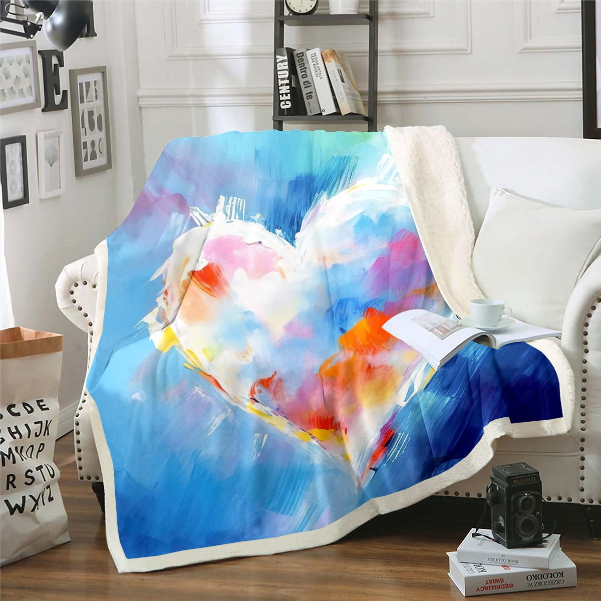 YST Boho Fuzzy Blanket Blue Tie Dye Fleece Blanket, Love Heart Kawaii