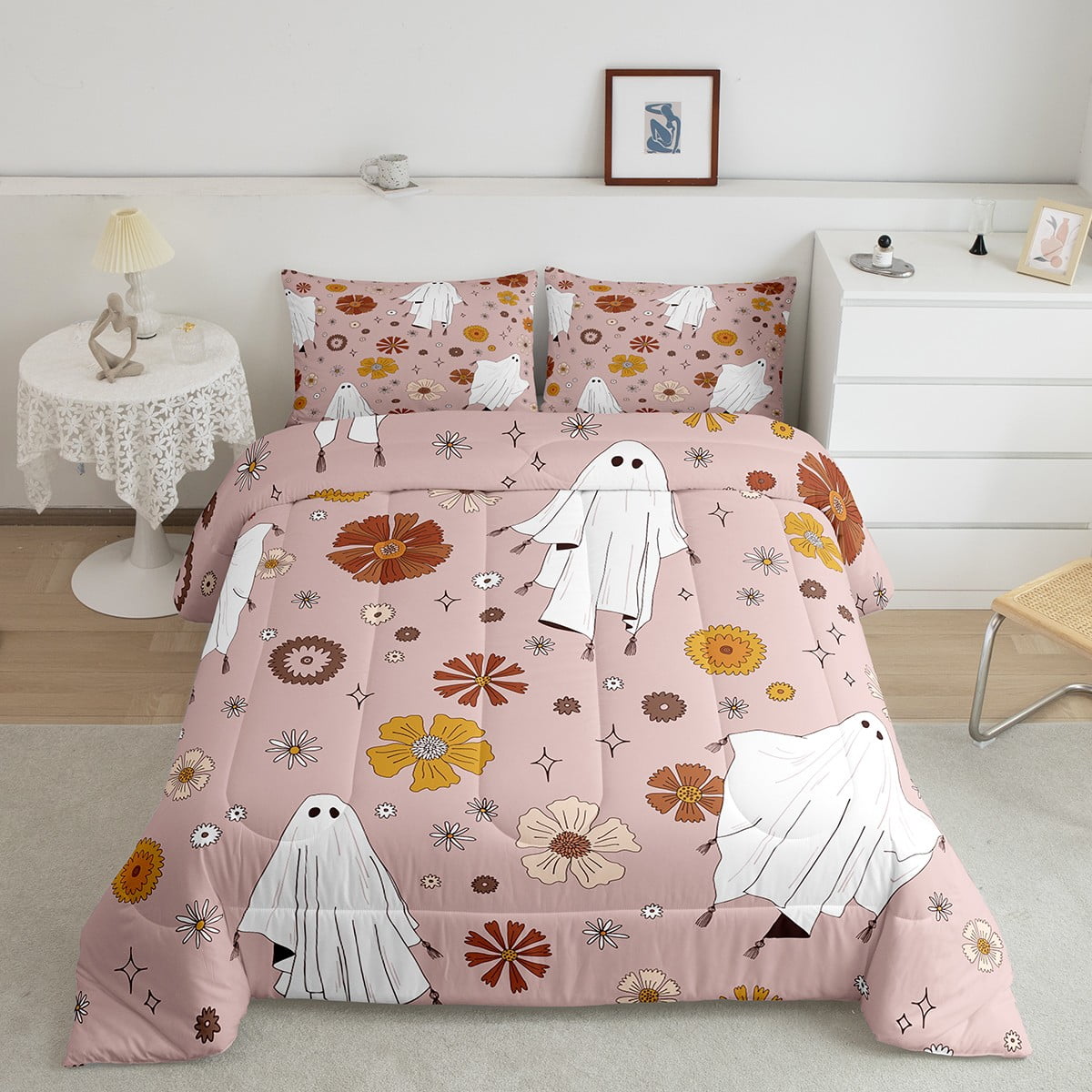 Manfei Halloween Duvet Cover Set King - Ghost & Pumpkin Print, Purple Castle Bedding For Kids, 3-Piece 3 thumbnail image
