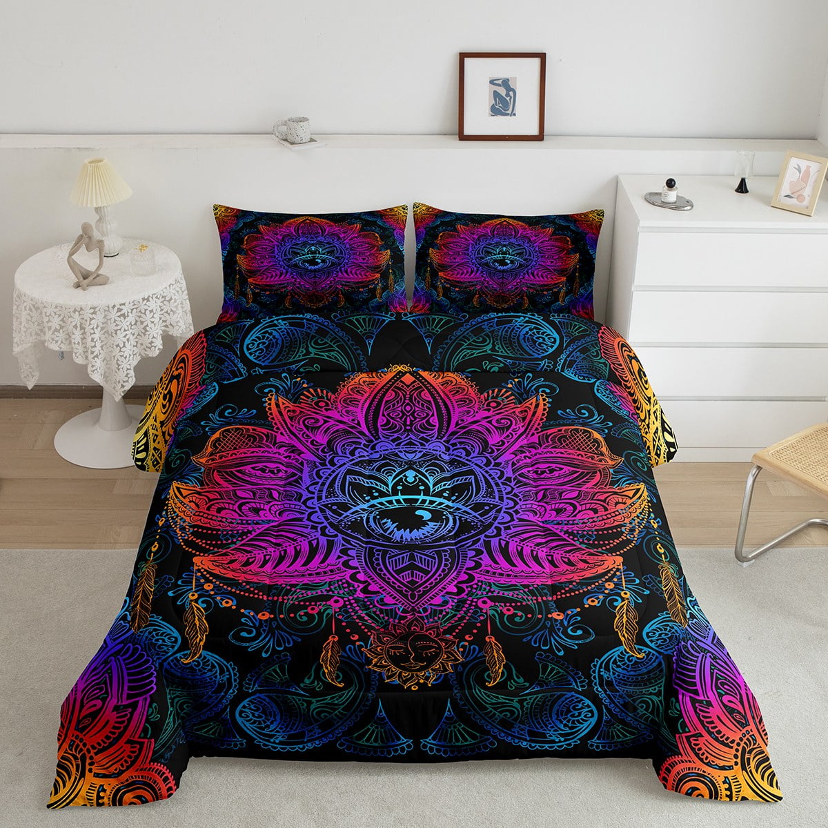 YST Boho Lotus Flower Comforter Set Queen Neon Mandala Bedding Set, Oriental Fatima Hamsa Duvet