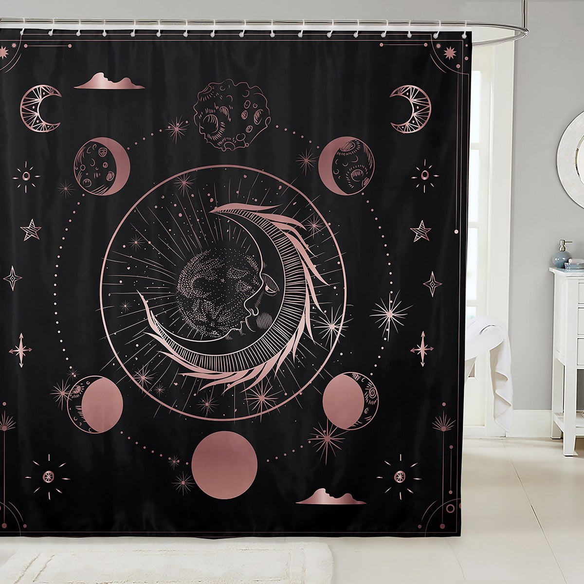 YST Boho Moon Phases Fabric Shower Curtain Fantasy Moonlight Shower