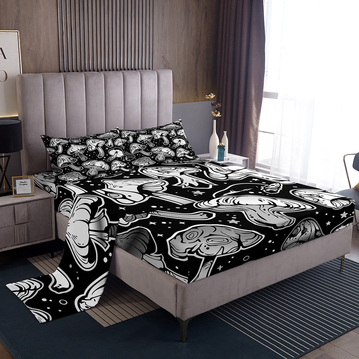 YST Boho Mushroom Queen Sheets Hippie Wild Fungus Bed Set, Black White