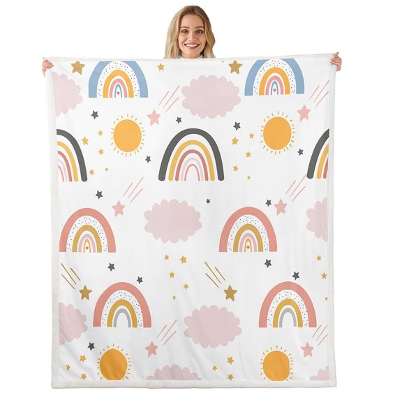 Boho Rainbow Throw Blanket , Sun And Stars Fleece Blanket Queen Size Rainbow Gifts For Women, Cartoon Cloud Sherpa Blanket Girly Iridescent Fuzzy Blanket For Bedroom Sofa Couch