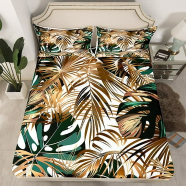 YST Boho Tropical Bed Sheets Twin Hawaiian Palm Tree Banana Leaves Fitted Sheet Abstract Botanical Plant Leaf Bedding Set For Kids Adults Mid Century Aesthetic Fitted Bed Sheet 2 Pcs