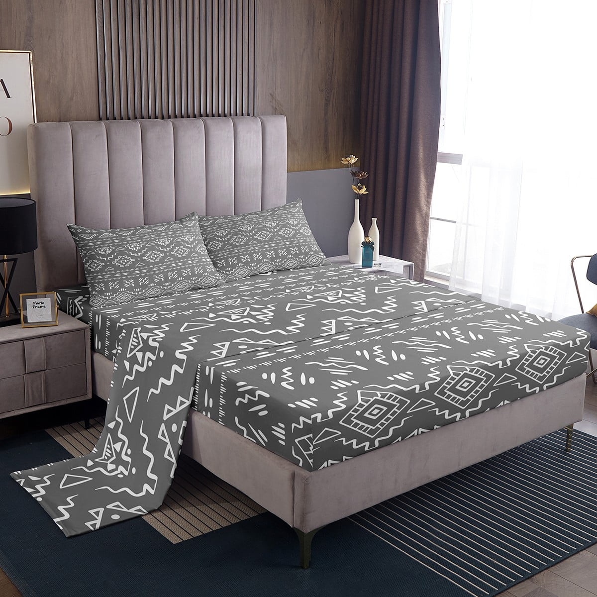 YST Boho Western Full Bed Sheets For Men Grey White Geometric Bohemian ...