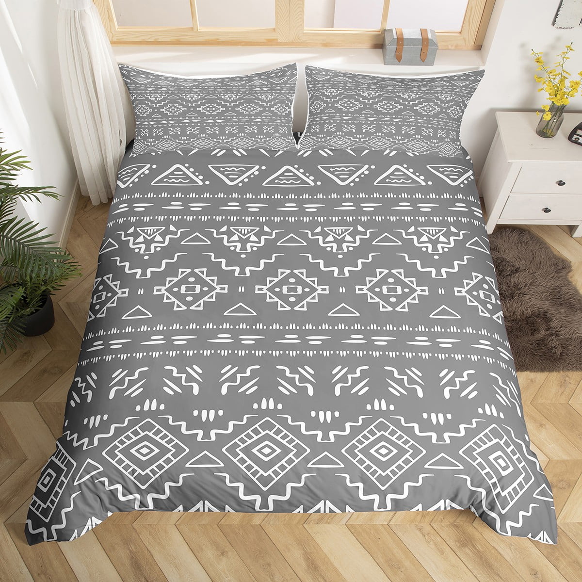YST Boho Western Twin Bedding Sets For Men Grey White Geometric
