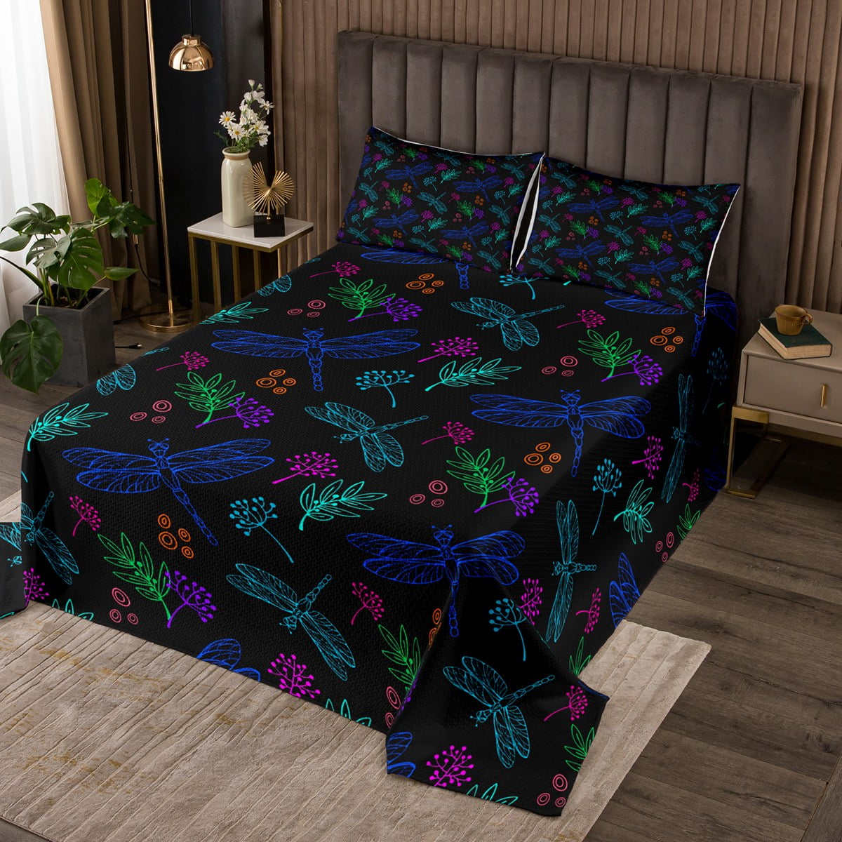 YST Botanical Plants Coverlet Twin Size Neon Dragonfly Bedding Set