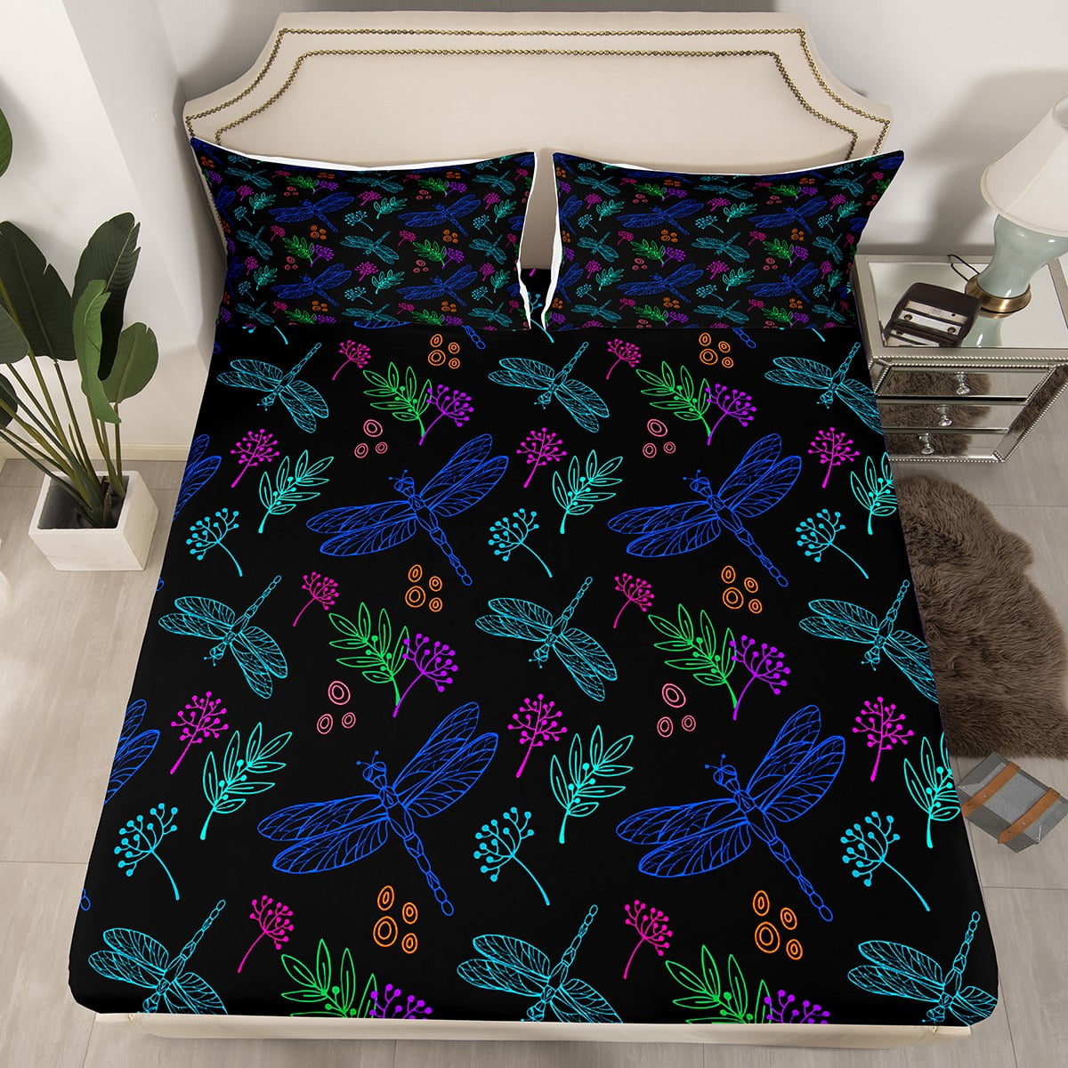 YST Botanical Plants Twin Sheets Neon Dragonfly Bed Sheets, Wild
