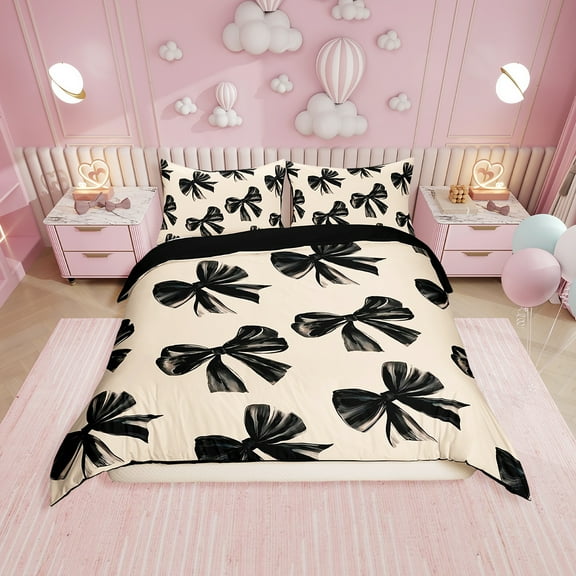 Bow Bedding Set Queen Black Bow Tie Comforter Cover Teen Adults Room Decor,Watercolor Bowknot Duvet Cover Black White Simple Decor Bedspread Cover