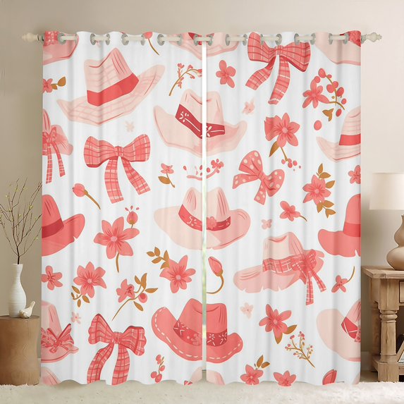 Bow Knot 30%-50% Blackout Curtains 76x54,Cute Cowboy Hats Insulated Curtains,Cartoon Flowers Printed Curtains & Drapes For Living Room Bedroom,White Pink Lattice Bows Window Curtains