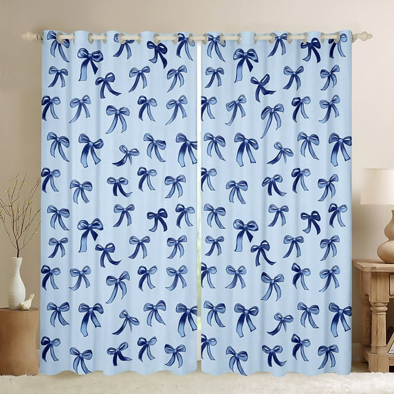 Bow Knot 30%-50% Blackout Curtains 84x63,Kawaii Simple Bows Insulated Curtains,Cute Cartoon Dreamy Printed Teens Curtains & Drapes For Living Room Bedroom,Blue Ribbon Window Curtains
