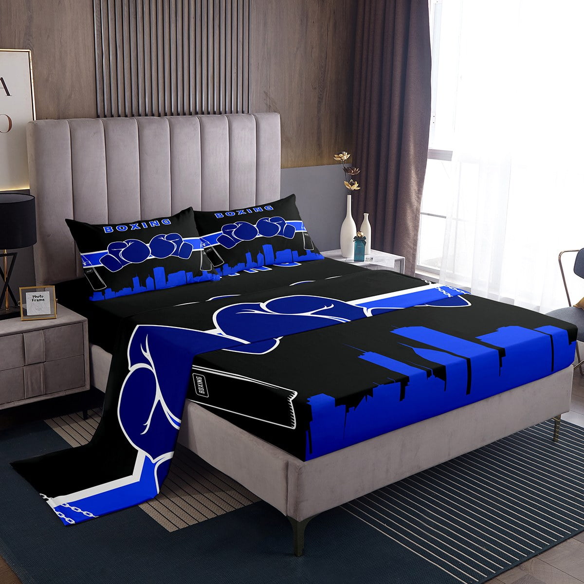YST Boxing Sports Bed Sheets Set for Kids Teens Adults Navy Blue Boxing Gloves King Size Sheet Sets Pugilism Games Sheets Blue Black Bed Set Boys Boxing Flat Sheet 4pcs Walmart