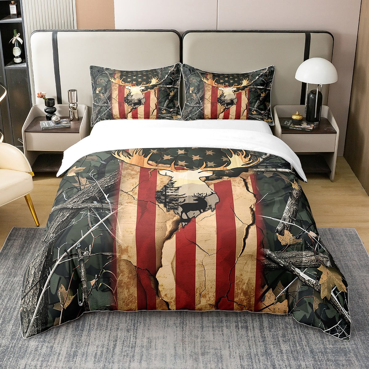 YST Boys Army Green Deer 100 Cotton Bedding Set King Size Deer Antler