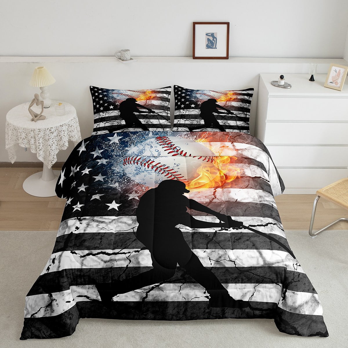 YST Boys Baseball Comforter Full Vintage US Flag Bedding Set Ice and