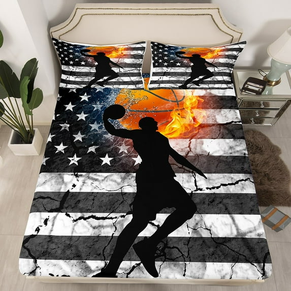 Erosebridal Basketball Bed Sheets Retro USA Flag Fitted Sheet Full Size, Vintage Grunge Stripe Sheets Ice and Fire Bedding American Flag Stars Bed Cover Black Grey Luxury 3pcs (Deep Pocket)
