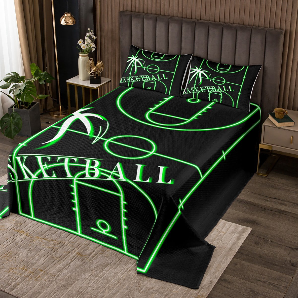YST Boys Basketball Bedspread Twin Size for Kids Teens Black Green