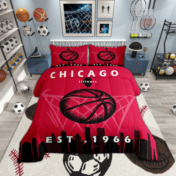 Basketball Comforter,Basketball City Bedding Set Full,Youth Basketball City Bedding Comforter Sets,Sports Gift Duvet Insert with 2 Pillowcases Bedroom Decor,Chicago