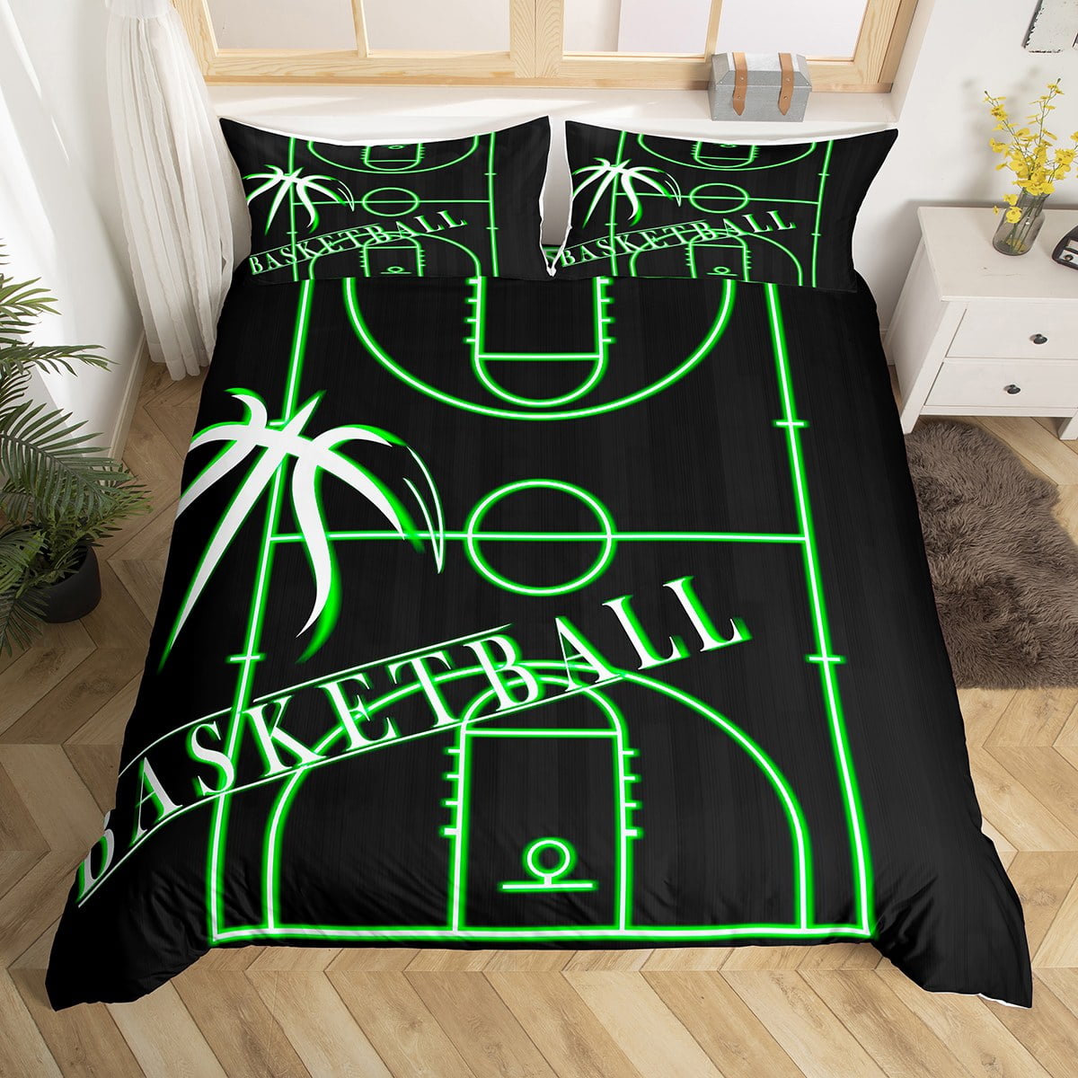 YST Boys Basketball Duvet Cover Twin for Kids Teens Black Green Bedding Set, Sports Gaming