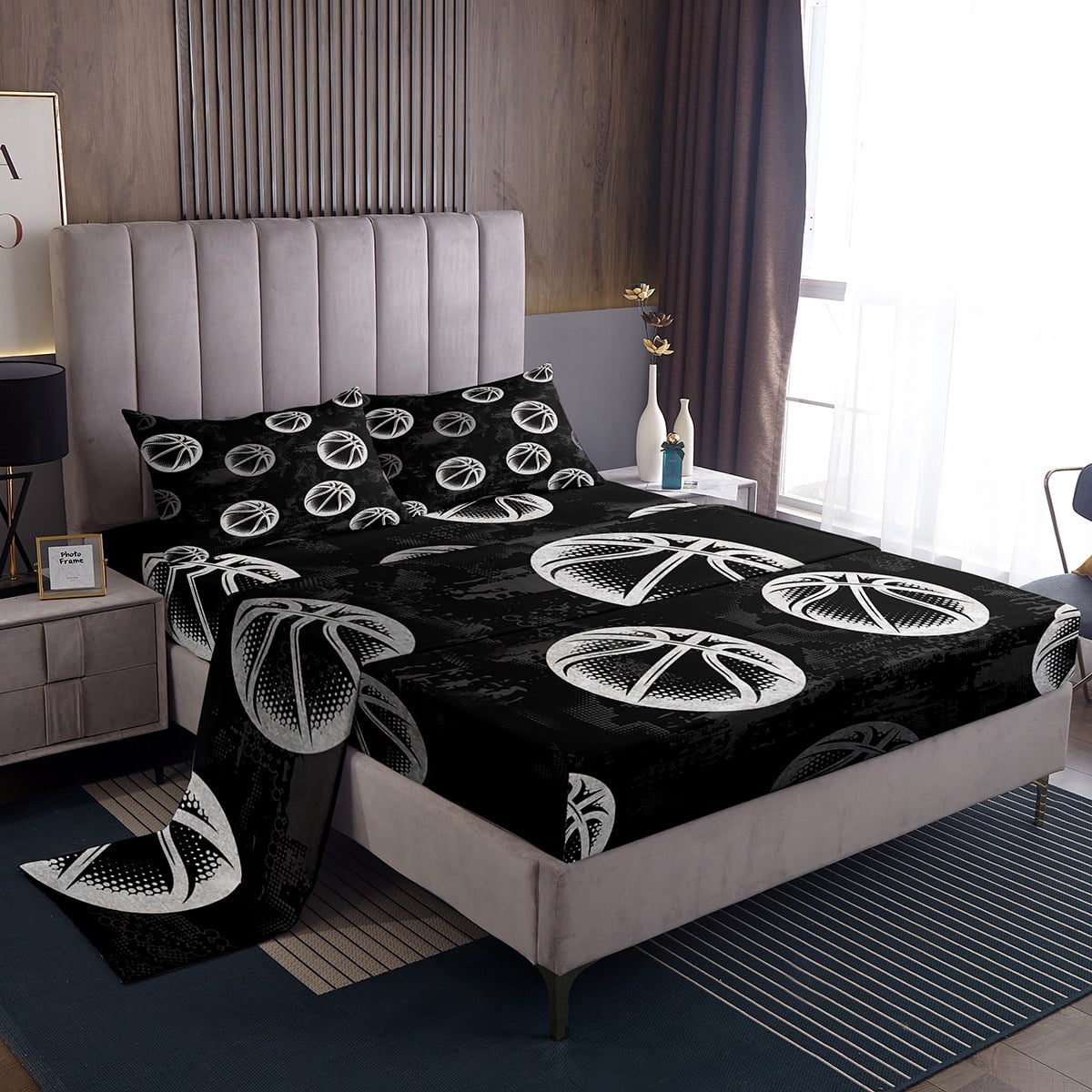 YST Boys Basketball Twin Sheet Set Kids Sports Sheets, Black Grey Bed