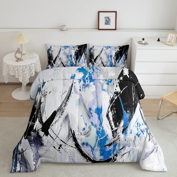 Black Blue Bedding Sets Queen Abstract Graffiti Comforter Set Teen Grunge Oil Painting Watercolor Stripes Bedding Comforter Sets Modern Fashion Quilt For All Season