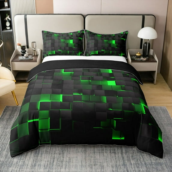YST Boys Black Green 100% Cotton Comforter Cover Twin Teen Geometric Check Grid Bedding Set,Men Stereoscopic Abstract Square Duvet Cover Neon Gradient Plaid Quilt Cover Reversible Black