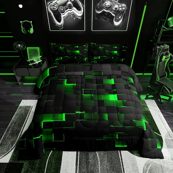 Black Green Comforter Set Queen Teen Geometric Check Grid Bedding Set ,Men Stereoscopic Abstract Square Down Comforter Neon Gradient Plaid Quilt Duvet Reversible Black