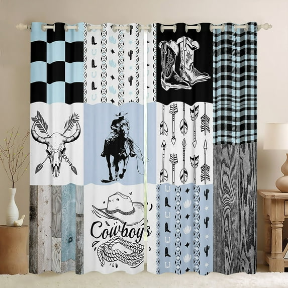 Erosebridal Blue Cowboy Blackout Curtains Western Curtains & Drapes 42"Wx90"L,Boho Arrow Bull Horse Window Curtains Rustic Farmhouse Buffalo Plaid Check Window Treatments 2 Panels