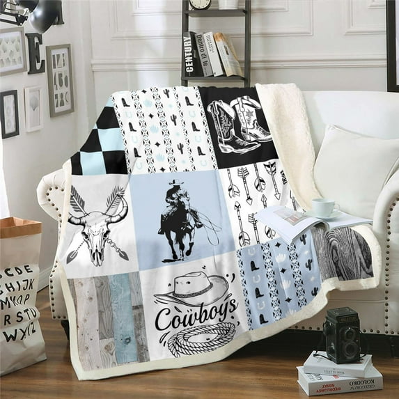 Blue Cowboy Throw Blanket Western Fleece Bed Blanket Queen 90"X90" For Men,Boho Arrow Bull Horse Sherpa Blanket Cowboy Boots Hat Fuzzy Blanket Rustic Farmhouse Patchwork Decor