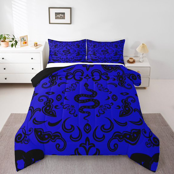 Erosebridal Boho Snake Comforter Set Twin Hippie Halloween Gothic Bedding Set Teen Men Retro Navy Blue Black Damask Floral Bedding Comforter Sets Goth Reptile Animal Bed Set