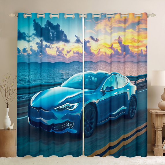 Car Curtains & Drapes Cool Auto Vehicles 30%-50% Blackout Curtains,Racing Race Car Curtains City Road Bedroom Curtains,Nature River Sunset Scene Window Drapes