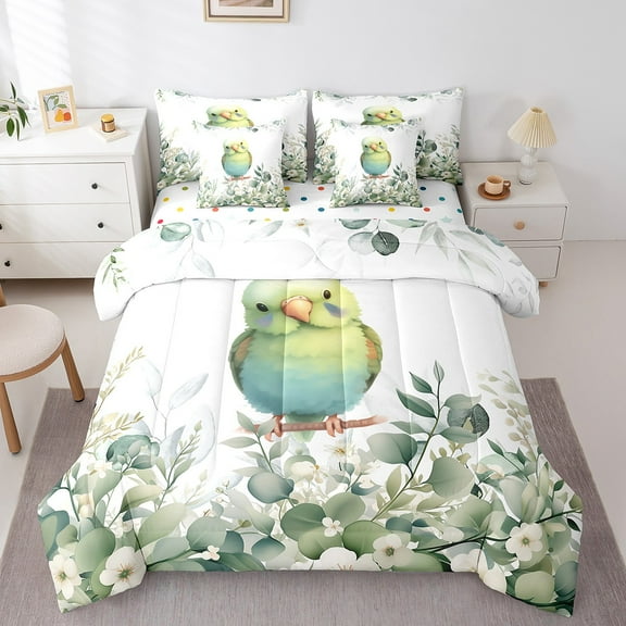 Cartoon Animal Bed in a Bag 7-Piece Kawaii Bird Bedding Set, Wild Animal Twin Size Comforter Set Chic Wildlife Bedding Comforter Sets, Botanical Green Eucalyptus Bed Set