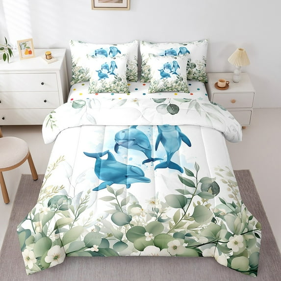 Erosebridal Cartoon Animal Bed in a Bag 7-Piece Kawaii Dolphin Bedding Set, Ocean Fish Twin Size Comforter Set Marine Sealife Bedding Comforter Sets, Botanical Green Eucalyptus Bed Set