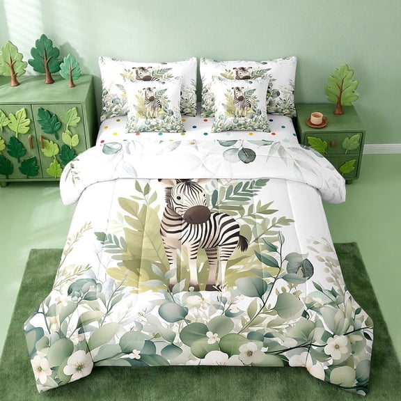 Cartoon Animal Bedding Comforter Sets 7pcs Kawaii Zebra Bed in a Bag, Woodland Wildlife Twin Bedding Sets Wild Horse Comforter Set, Botanical Green Eucalyptus Bedding Sets