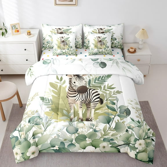 Cartoon Animal Bedding Comforter Sets 7pcs Kawaii Zebra Bed in a Bag, Woodland Wildlife Twin Bedding Sets Wild Horse Comforter Set, Botanical Green Eucalyptus Bedding Sets