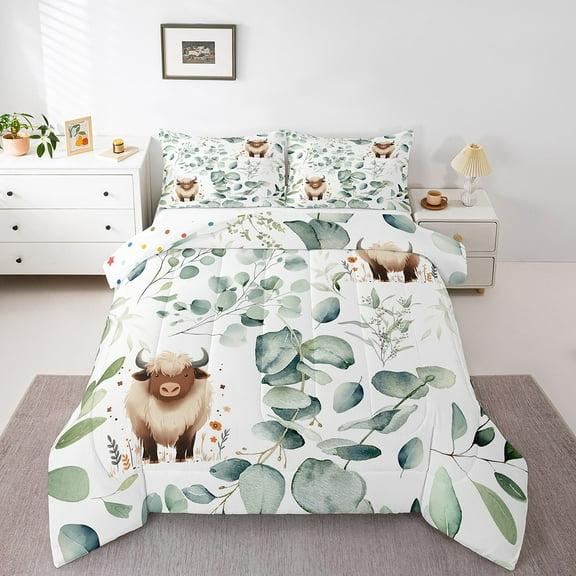 Erosebridal Cartoon Animal Bedding Twin Kawaii Cow Comforter Set, Highland Cattle Bull Duvet Insert Western Cowboy Quilt Comforter, Green Eucalyptus Bedding Comforters & Sets
