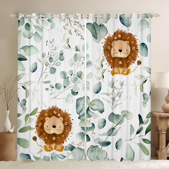 Cartoon Animal 30%-50% Blackout Curtains Kawaii Lion Curtains, Safari Wildlife Curtains & Drapes Jungle Animal Living Room Curtains, Botanical Green Eucalyptus Window Curtains