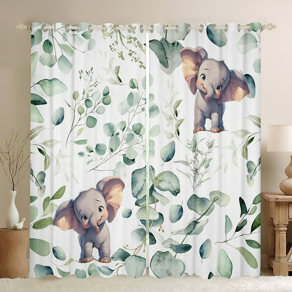 Erosebridal Cartoon Animal Curtains & Drapes Kawaii Elephant Curtains, Jungle Wildlife Blackout Curtains Woodland Animal Living Room Curtains, Botanical Green Eucalyptus Window Curtains
