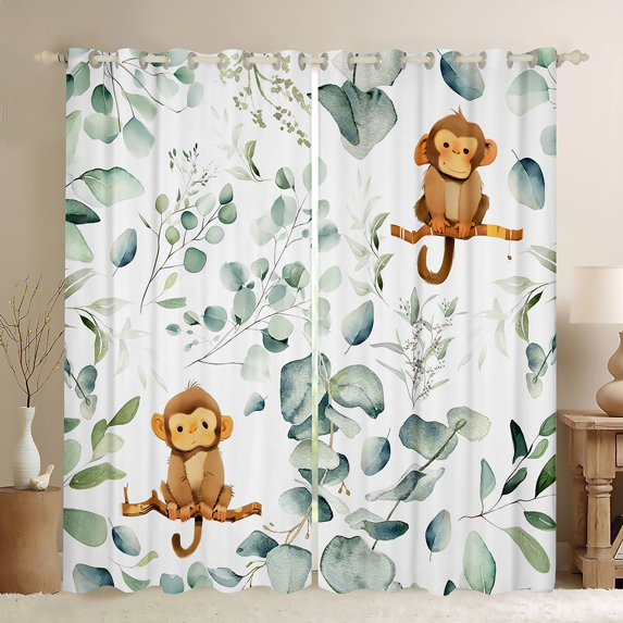 Erosebridal Cartoon Animal Curtains Kawaii Monkey Curtains & Drapes, Spring Plant Blackout Curtains Woodland Wildlife Bedroom Curtains, Botanical Green Eucalyptus Window Treatments