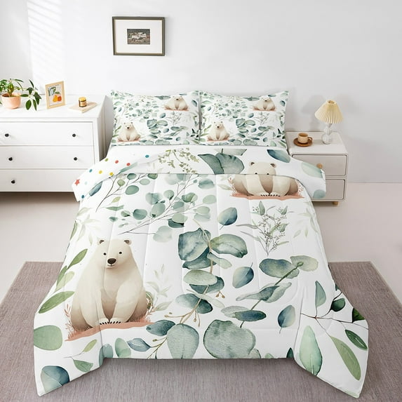 Cartoon Animal Queen Comforter Set Kawaii Polar Bear Bedding Set Queen, Arctic Wildlife Bedding Comforter Sets White Green Duvet Set, Eucalyptus Quilted Comforter