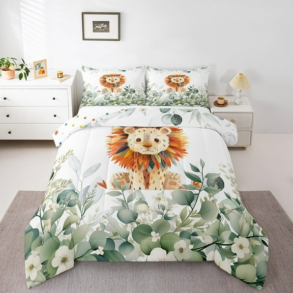 Cartoon Animal Twin Comforter Set Kawaii Lion Bedding Set Twin, Safari Animal Bedding Comforter Sets Jungle Wildlife Duvet Set, Green Eucalyptus Quilted Comforter