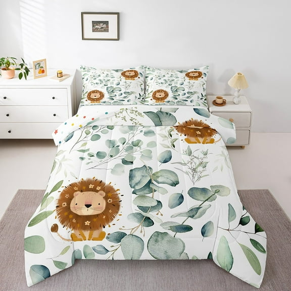 Cartoon Animal Twin Comforter Set Kawaii Lion Bedding Set Twin, Safari Wildlife Bedding Comforter Sets Jungle Animal Duvet Set, Green Eucalyptus Quilted Comforter