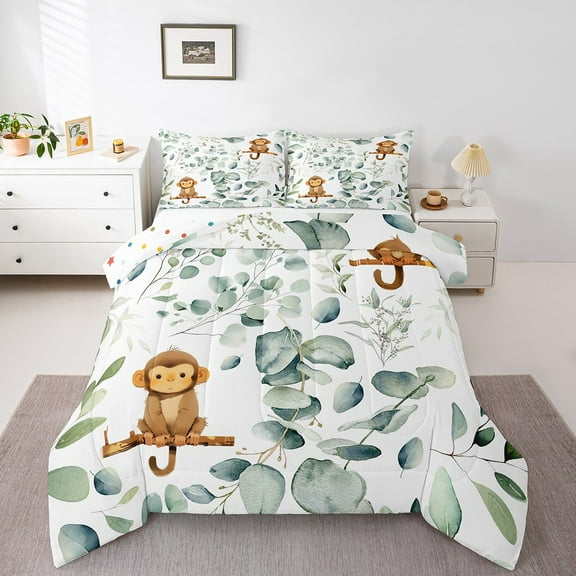 Erosebridal Cartoon Animal Twin Comforter Set Kawaii Monkey Bedding Set Twin, Spring Plant Bedding Comforter Sets Woodland Wildlife Duvet Set, Green Eucalyptus Quilted Comforter