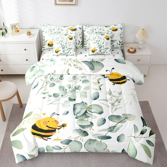 Cartoon Wildlife Bedding Comforter Sets 7pcs Kawaii Bee Bed in a Bag, Honey Bee Twin Bedding Sets Wild Animal Comforter Set, Botanical Green Eucalyptus Bedding Sets