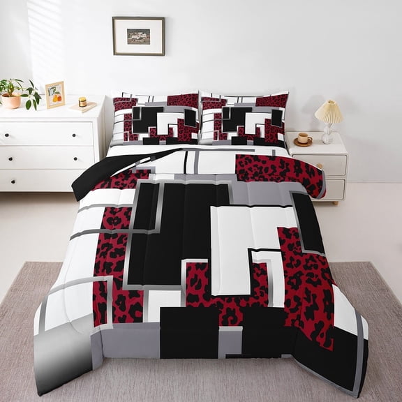 Cheetah Print Comforter Set Full Size Geometric Leopard Print Bedding Set Teen,Red Black Grey Abstract Grids Down Comforter Wildlife Animal Skin Quilt Duvet Room Decor