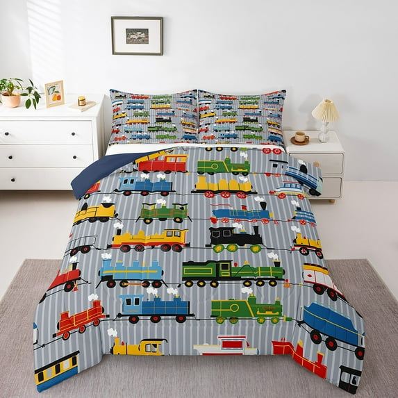 Comforter Set Twin Size Train Bedding, Colorful Steam Engine Truck Bedding Comforter Sets Train Transportation Quilted Duvet 2Pcs,Gray, Blue, Red, Yellow