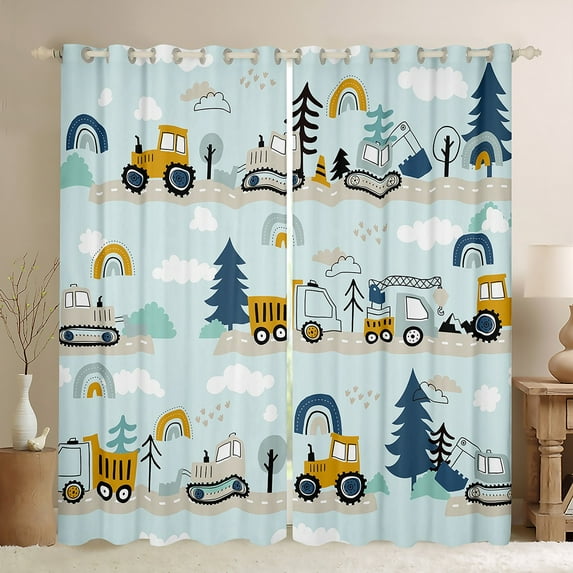 Construction 30%-50% Blackout Curtains 42"Wx84"L Cartoon Truck Window Curtains Car Bedroom Decor Diggers Excavator Curtains & Drapes Yellow Blue Window Treatments 2 Panels