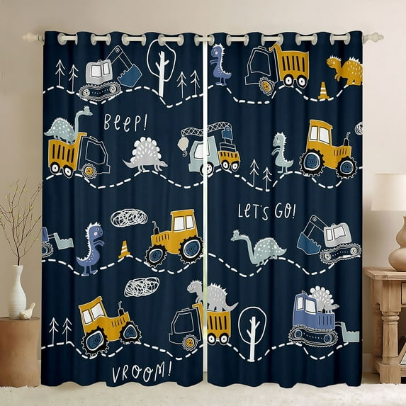 Construction Window Curtains 38"Wx45"L Dinosaur Curtains & Drapes Tractor Truck 30%-50% Blackout Curtains Cute Dino Excavator Cartoon Cars Window Treatments 2 Panels Navy Blue