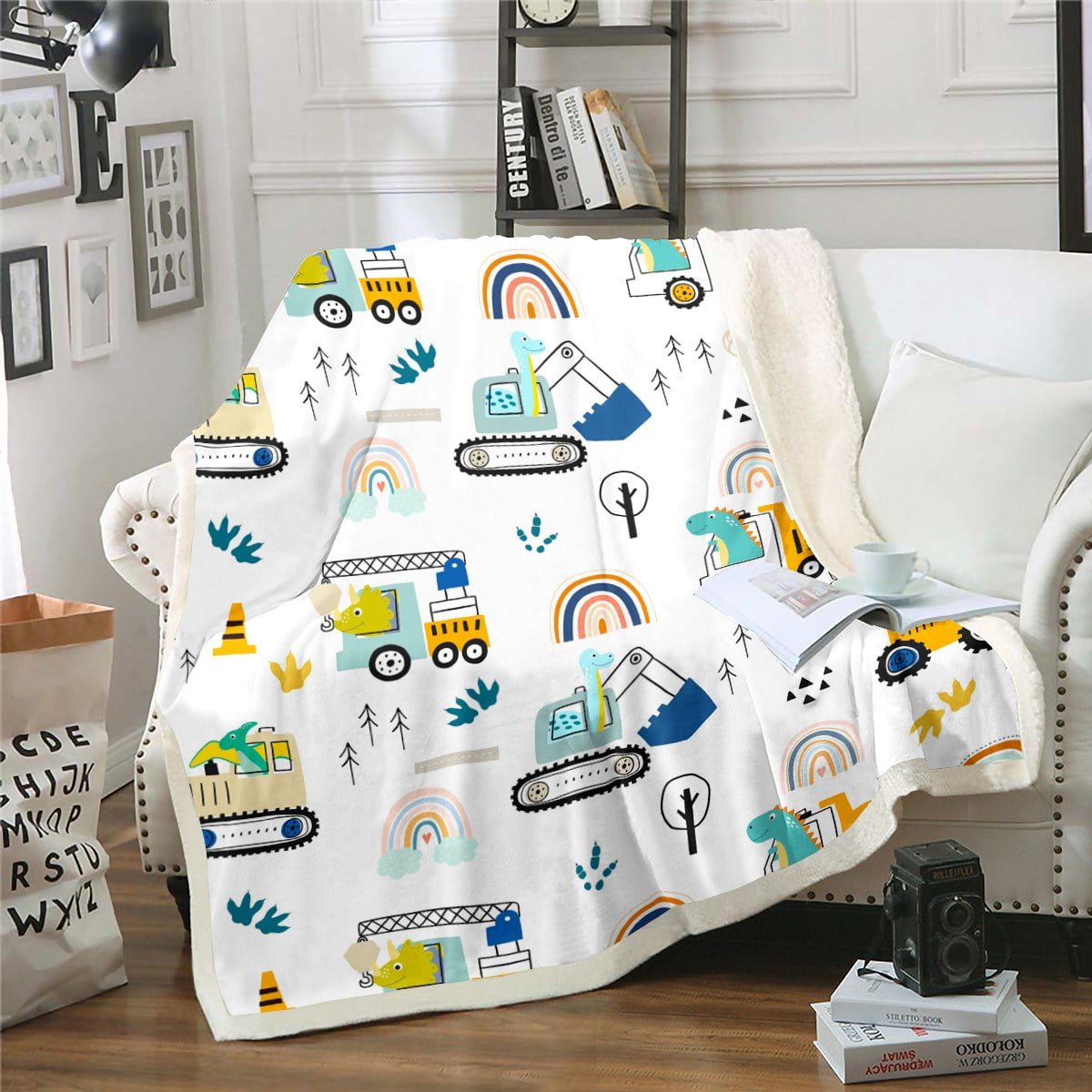 YST Boys Dinosaur Car Throw Blanket Twin 60"X80" Construction Vehicle