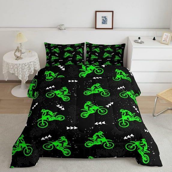 Dirt Bike Bedding Set Cool Sports Comforter Set Motocross Rider Comforter Fluorescent Green Bike Quilt Set 1 Comforter Set with Twin Size